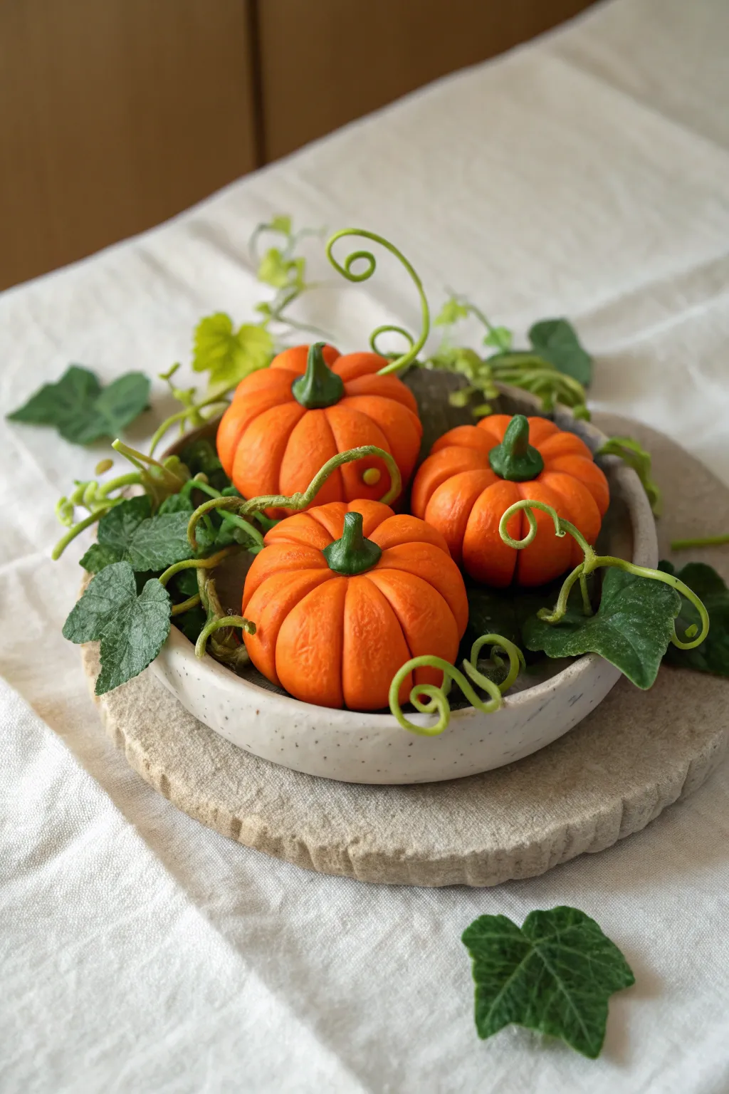 Mini clay pumpkin patch centerpiece with curly coil vines and leaves, bright harvest hues.