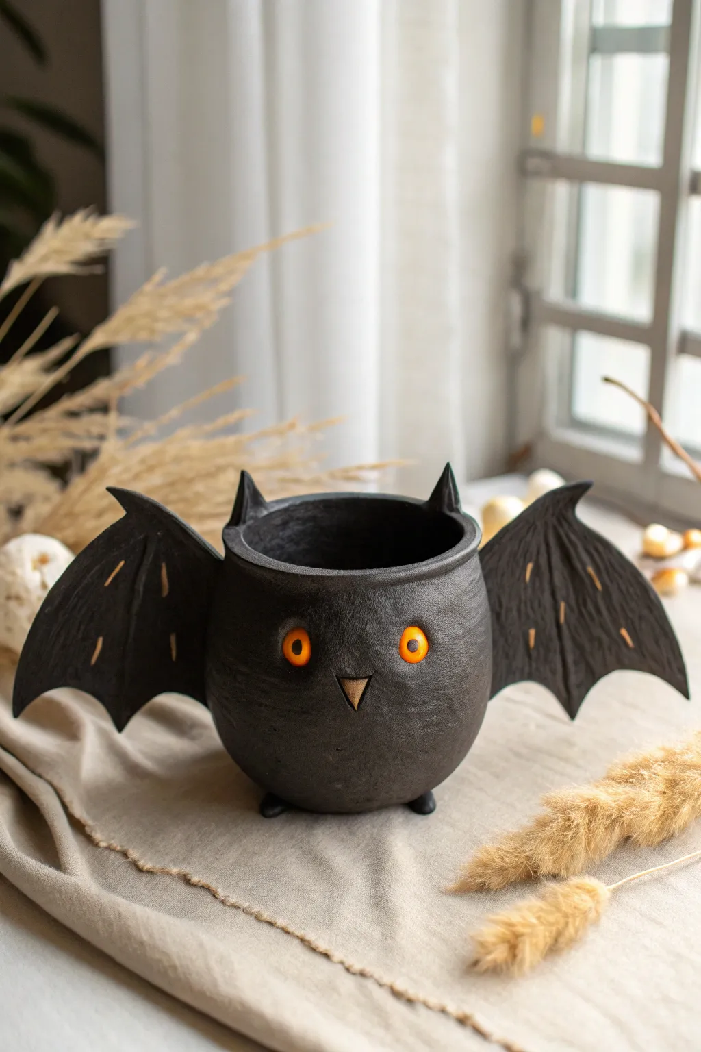 Minimalist bat wing clay pot centerpiece with bright eyes, perfect for a chic Halloween vibe.