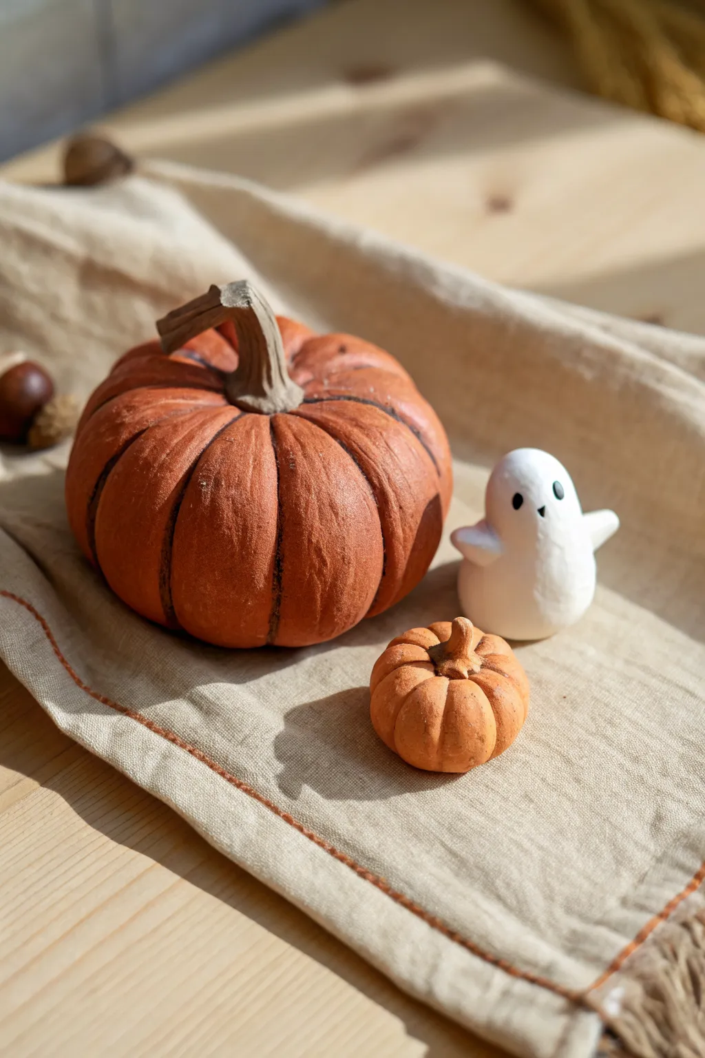 Two easy clay Halloween ideas: a ghost popping from a pumpkin and a sweet pumpkin hug.
