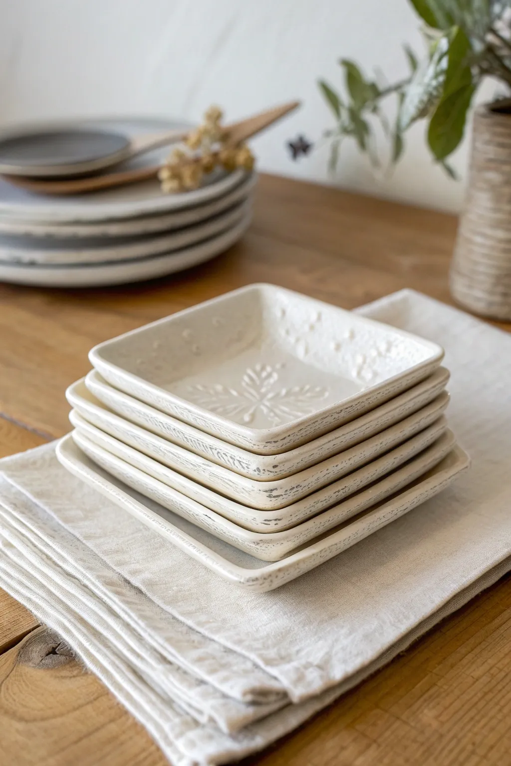 Stamped mini slab plates stacked and ready to serve, showcasing handmade texture and soft glaze.