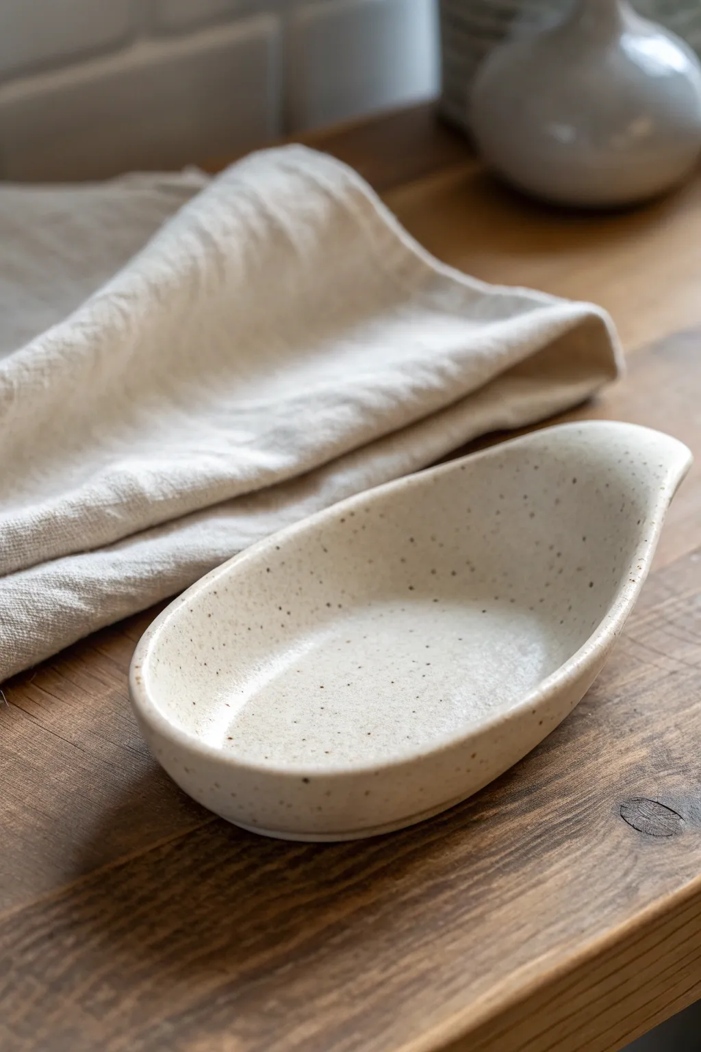 Handbuilt spoon rest with cozy fingerprint texture for a warm minimalist, boho-inspired kitchen