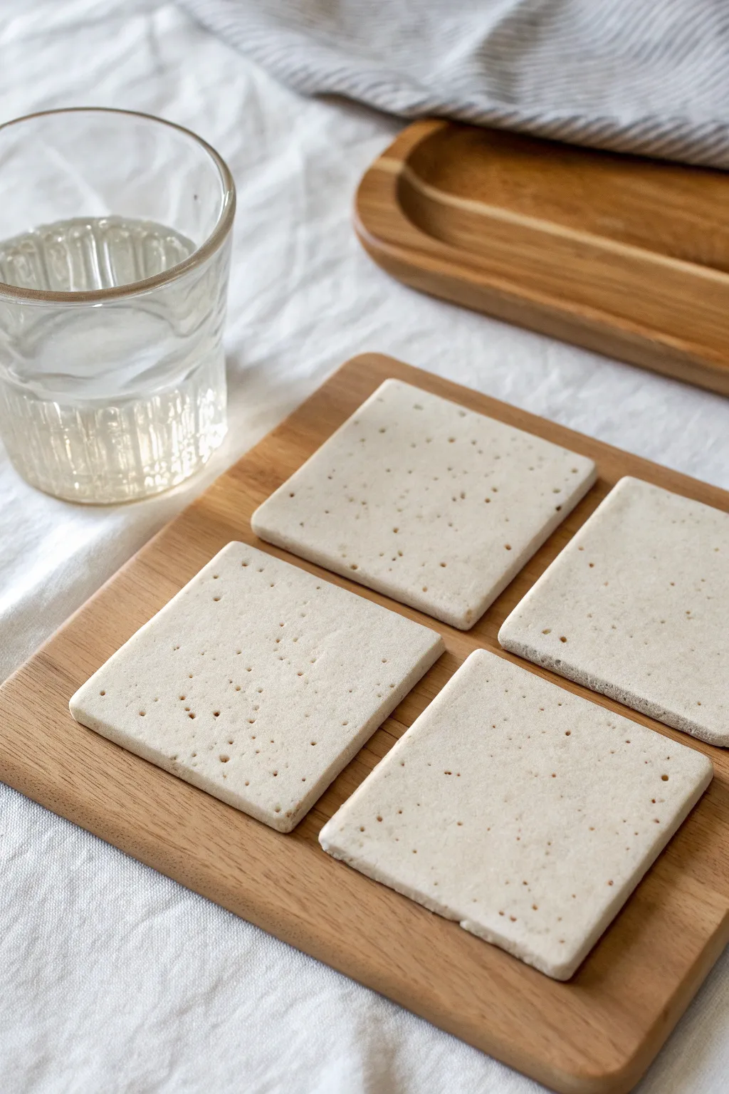 Minimal stamped clay tile coasters in a calm grid, perfect for cozy Scandinavian tables
