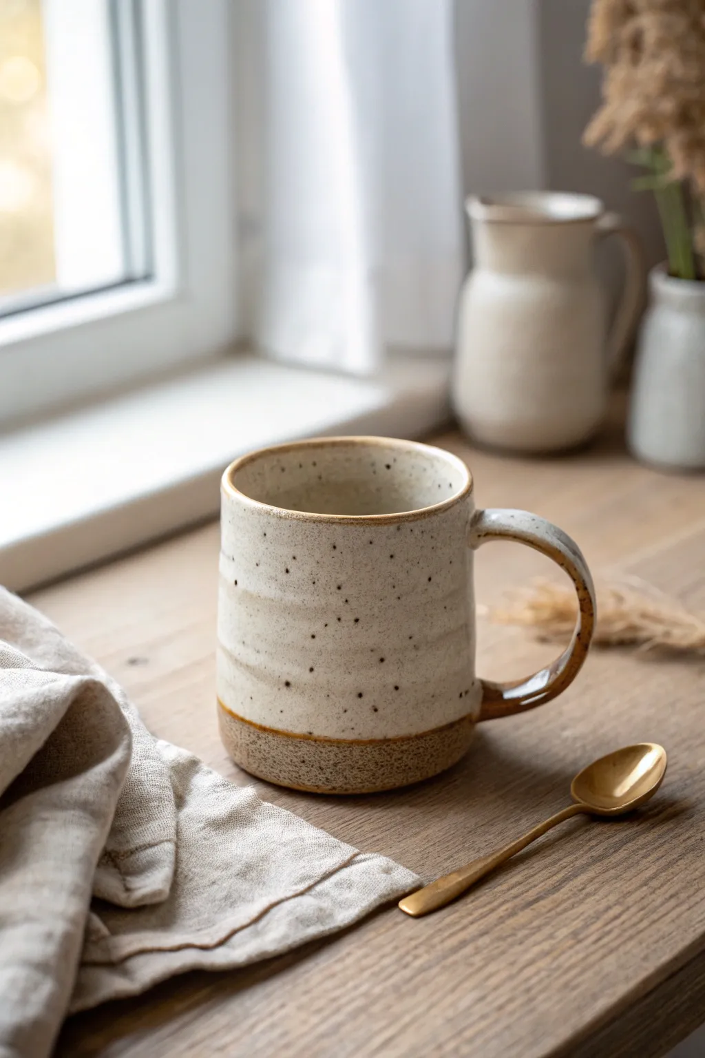 Slab-built mug with chunky strap handle, cozy linen and simple styling for handmade charm.