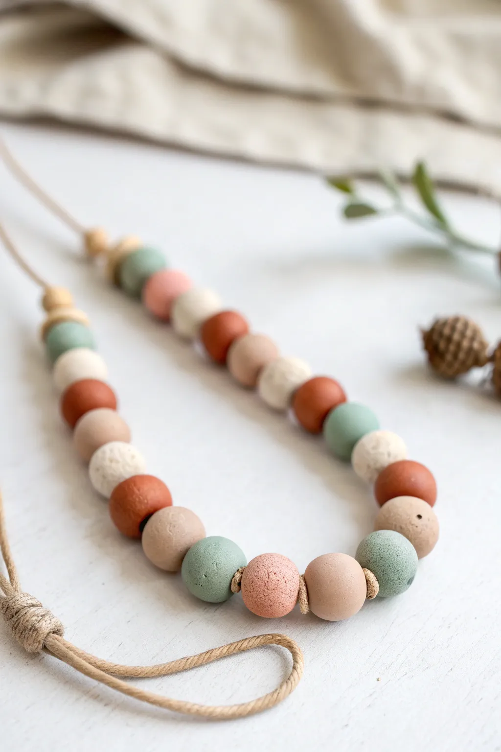 Handmade clay beads in soft earthy tones, curved on white for a calm minimalist boho look