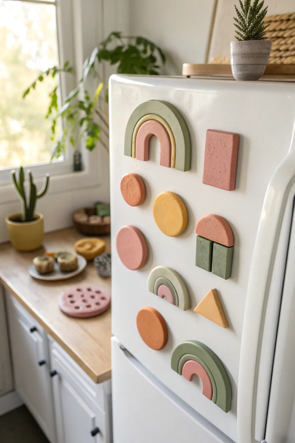 Press-molded clay shape magnets with bold color blocks for a playful minimalist fridge accent.