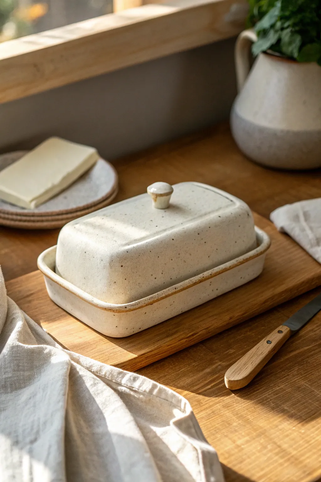 Simple slab-built butter dish with a fitted lid, styled in soft neutral tones and warm light.