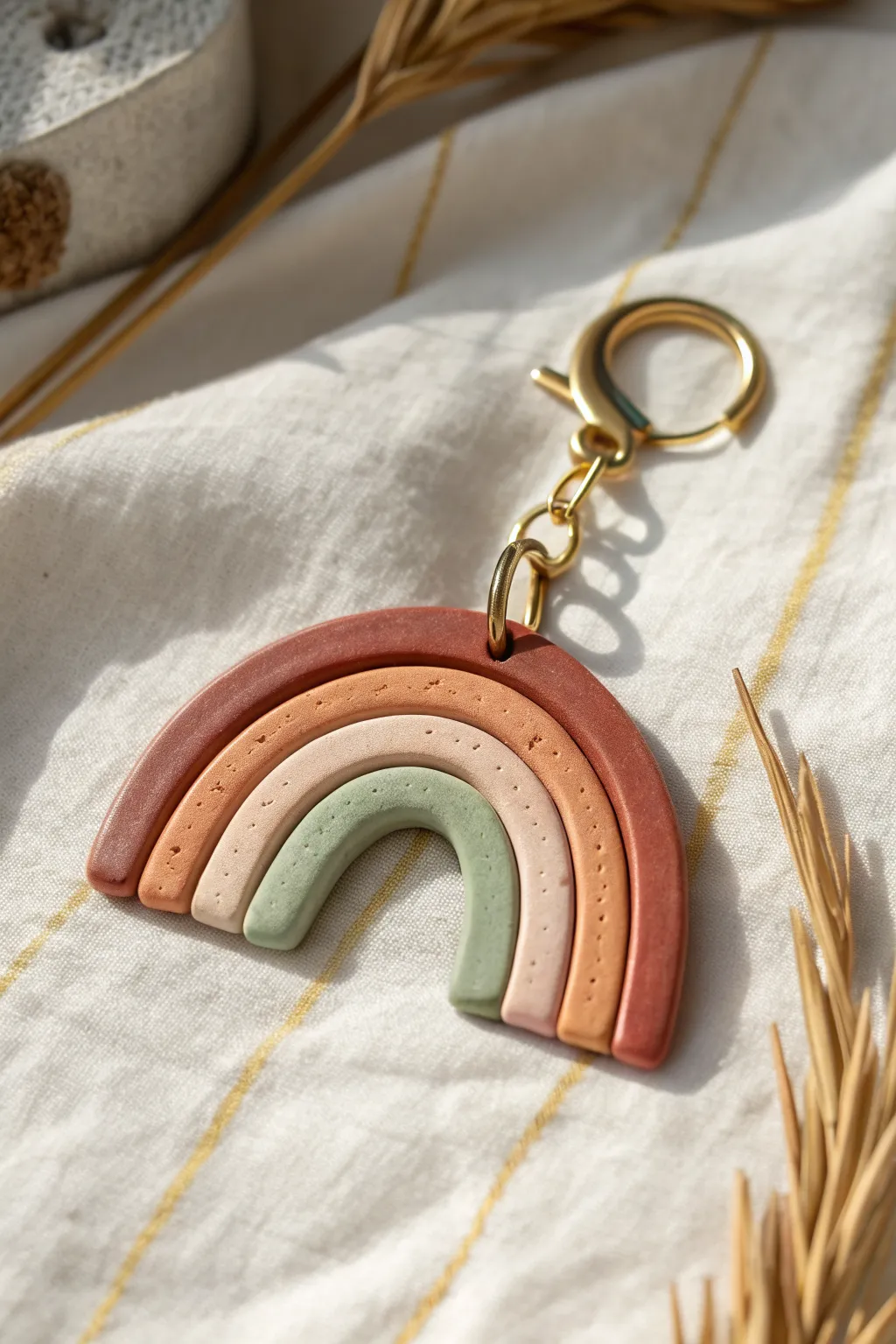 Boho rainbow arch clay keychain in earthy tones, minimal styling, handcrafted calm.