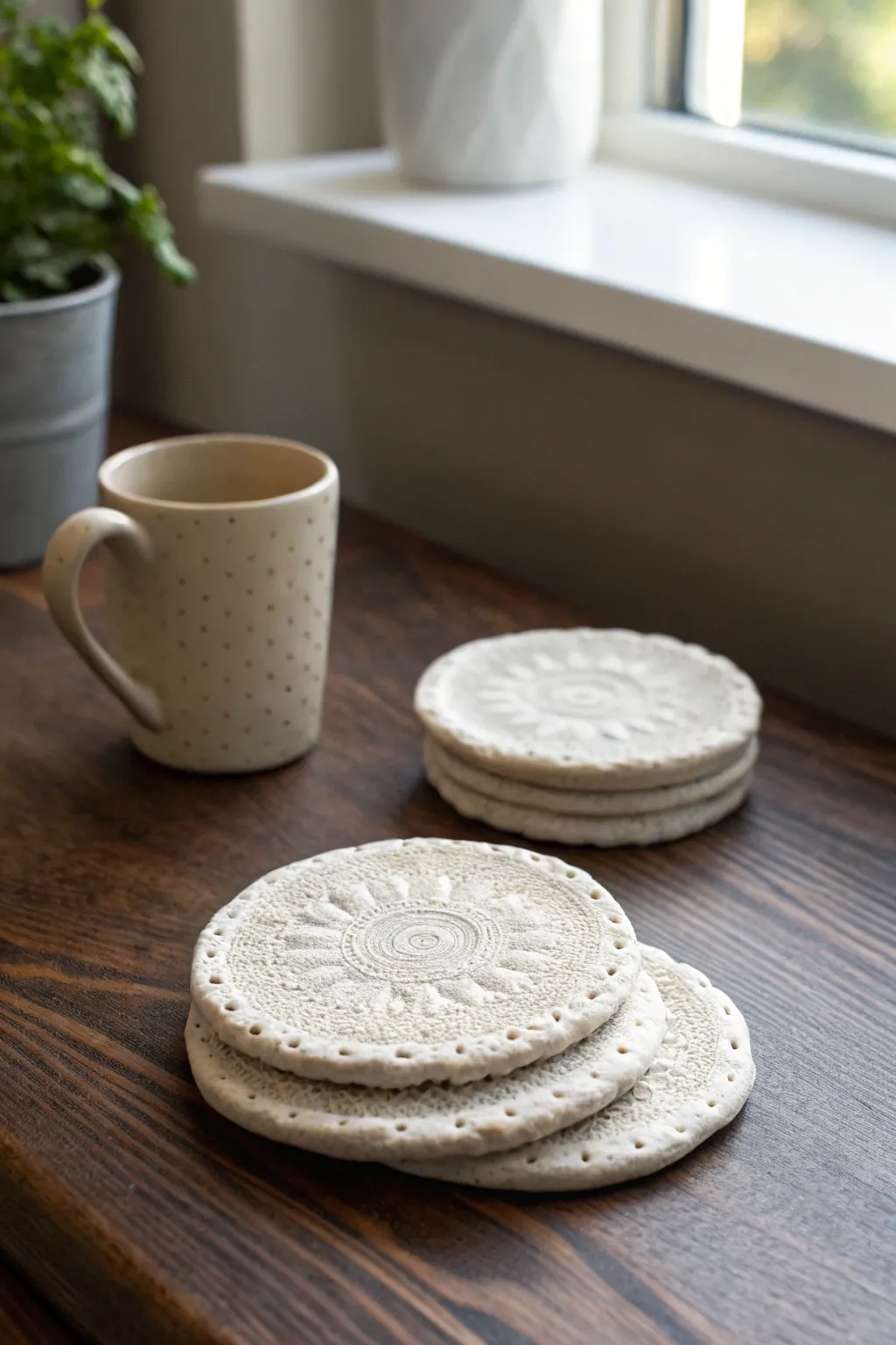 Soft-edged lace-pressed clay coasters bring cozy, minimalist charm to your coffee corner.