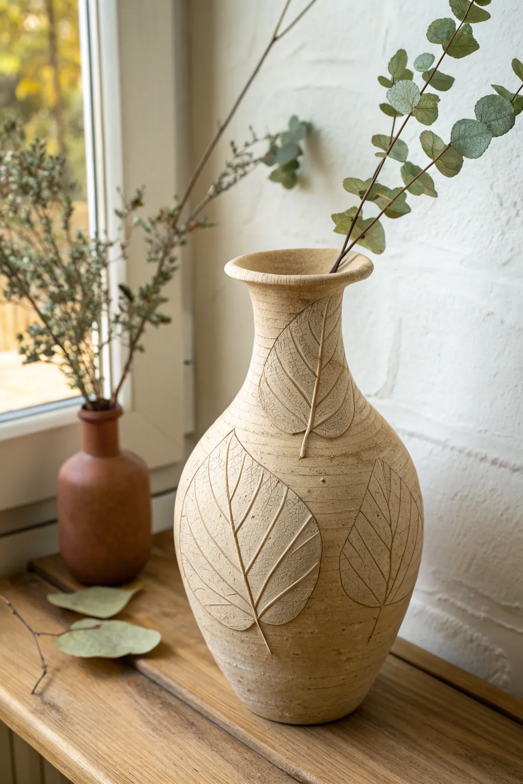 Minimal terracotta leaf-imprint vase with dried eucalyptus for calm, natural handmade decor