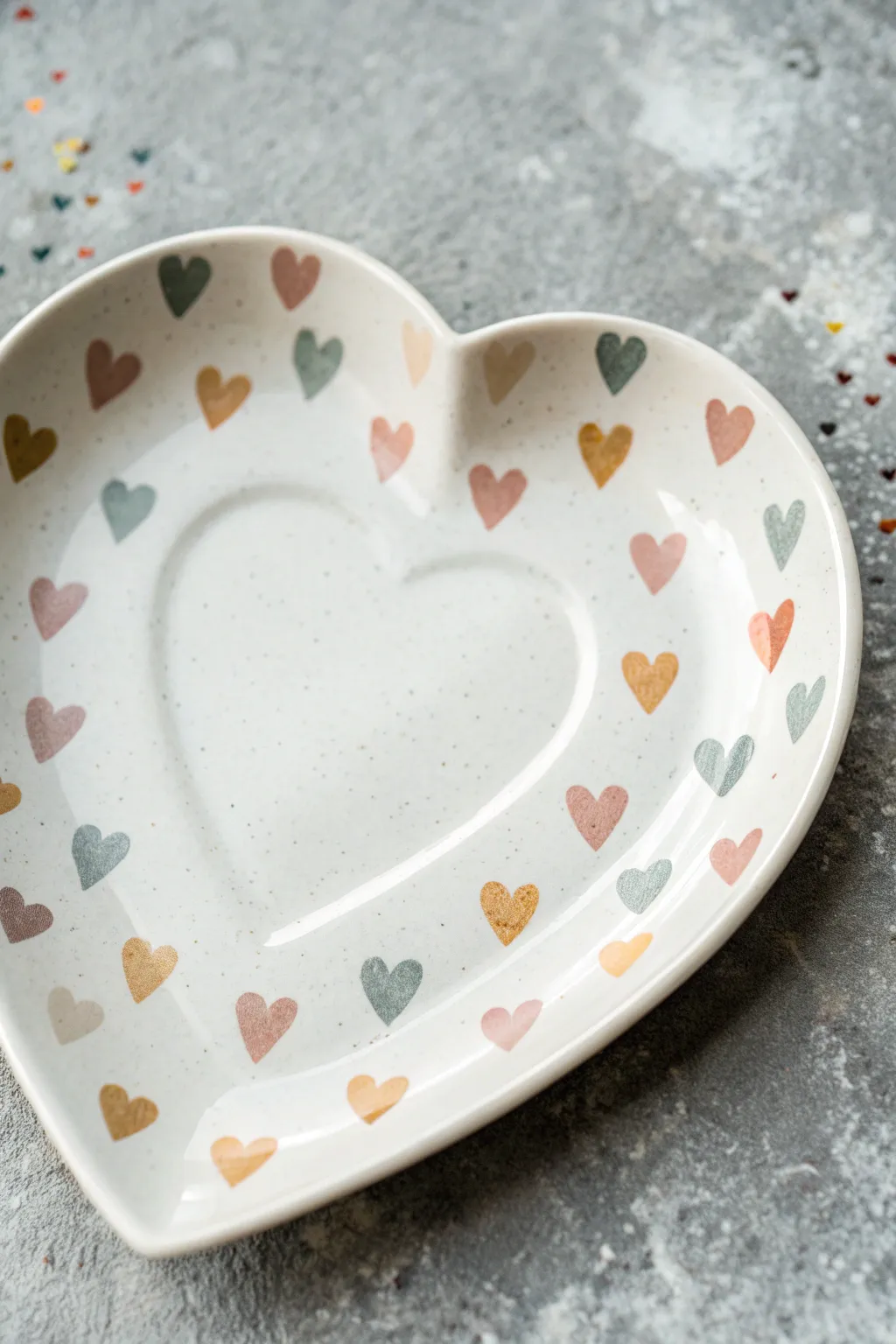 Tiny confetti hearts around the rim make this heart plate airy, sweet, and modern.