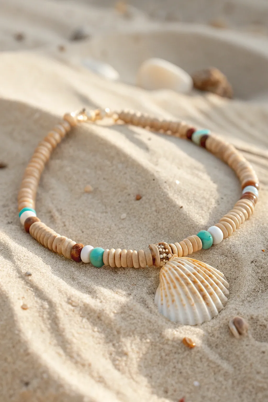 Beachy heishi clay bracelet with a shell centerpiece in soft neutrals, aqua, and sunlit calm.