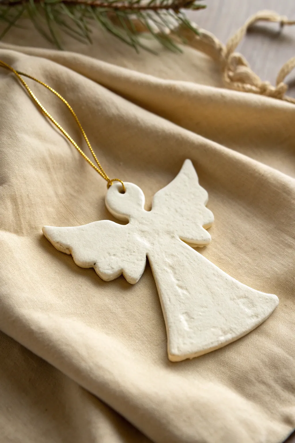 Simple off-white clay angel ornament with satin finish and gold string, calm minimalist holiday decor