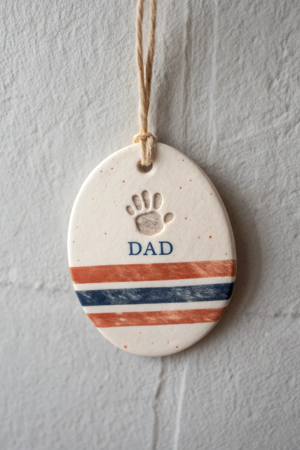 Sporty handprint clay ornament for Father’s Day, a simple minimalist keepsake with handmade warmth.