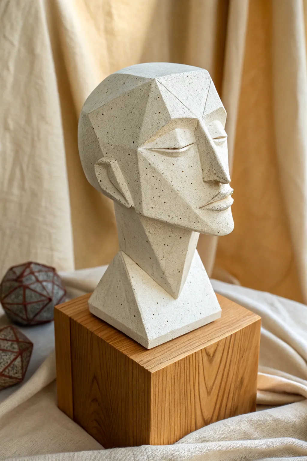 Minimal cubist clay face bust with clean planes, soft light, and calm Scandinavian boho style