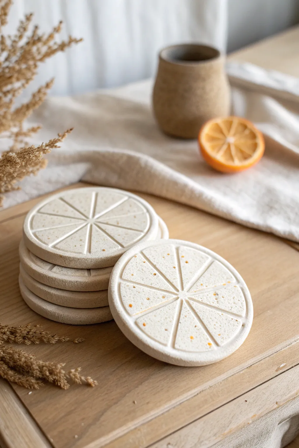 Simple citrus slice clay coasters stacked neatly, adding a fresh minimalist touch to your coffee table.