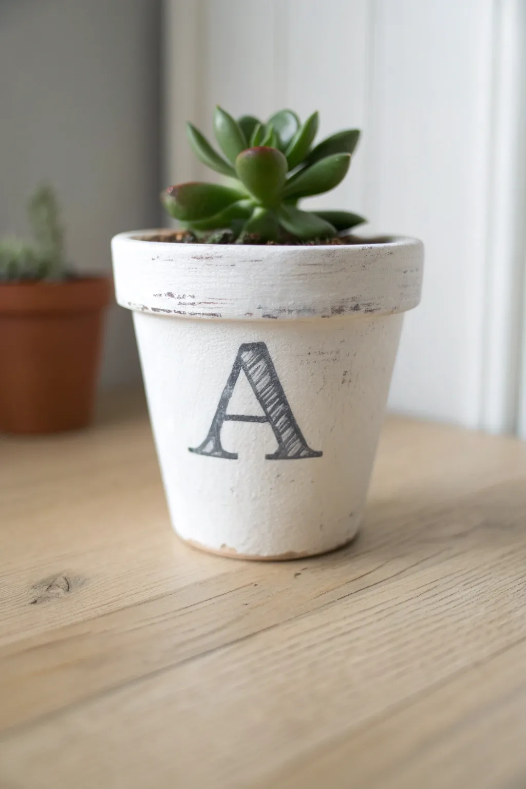 Easy painted clay pot with a bold monogram, minimalist gift-ready styling with a tiny plant.