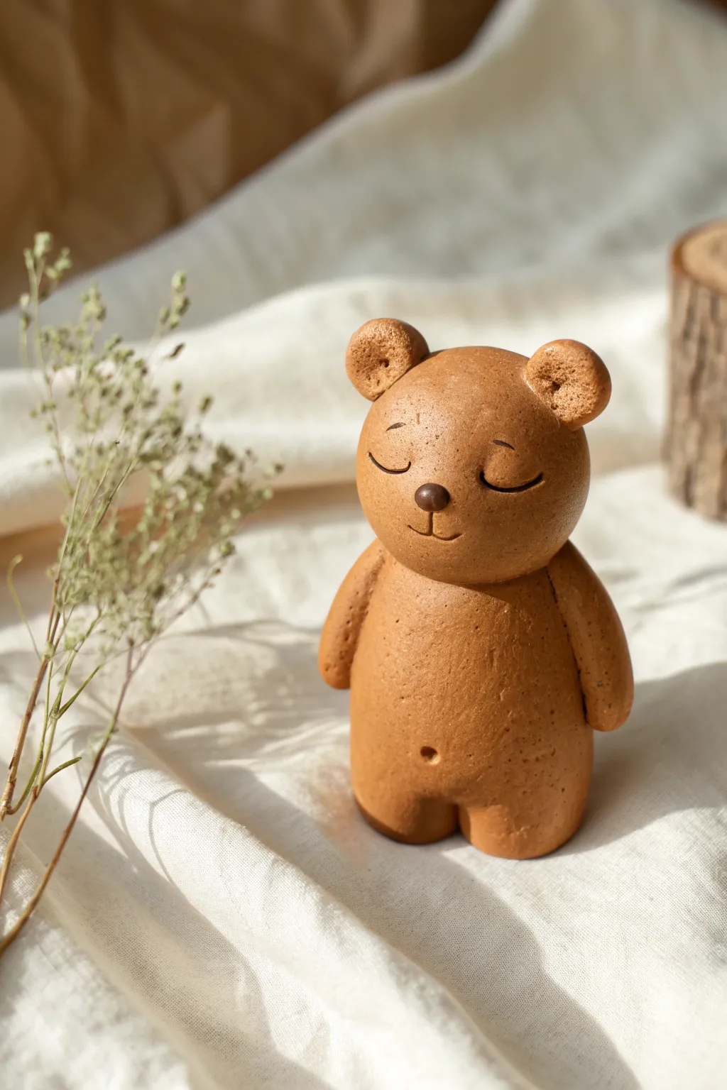 Sleepy caramel clay bear with tiny ears, minimal details, and soft light for cozy boho calm