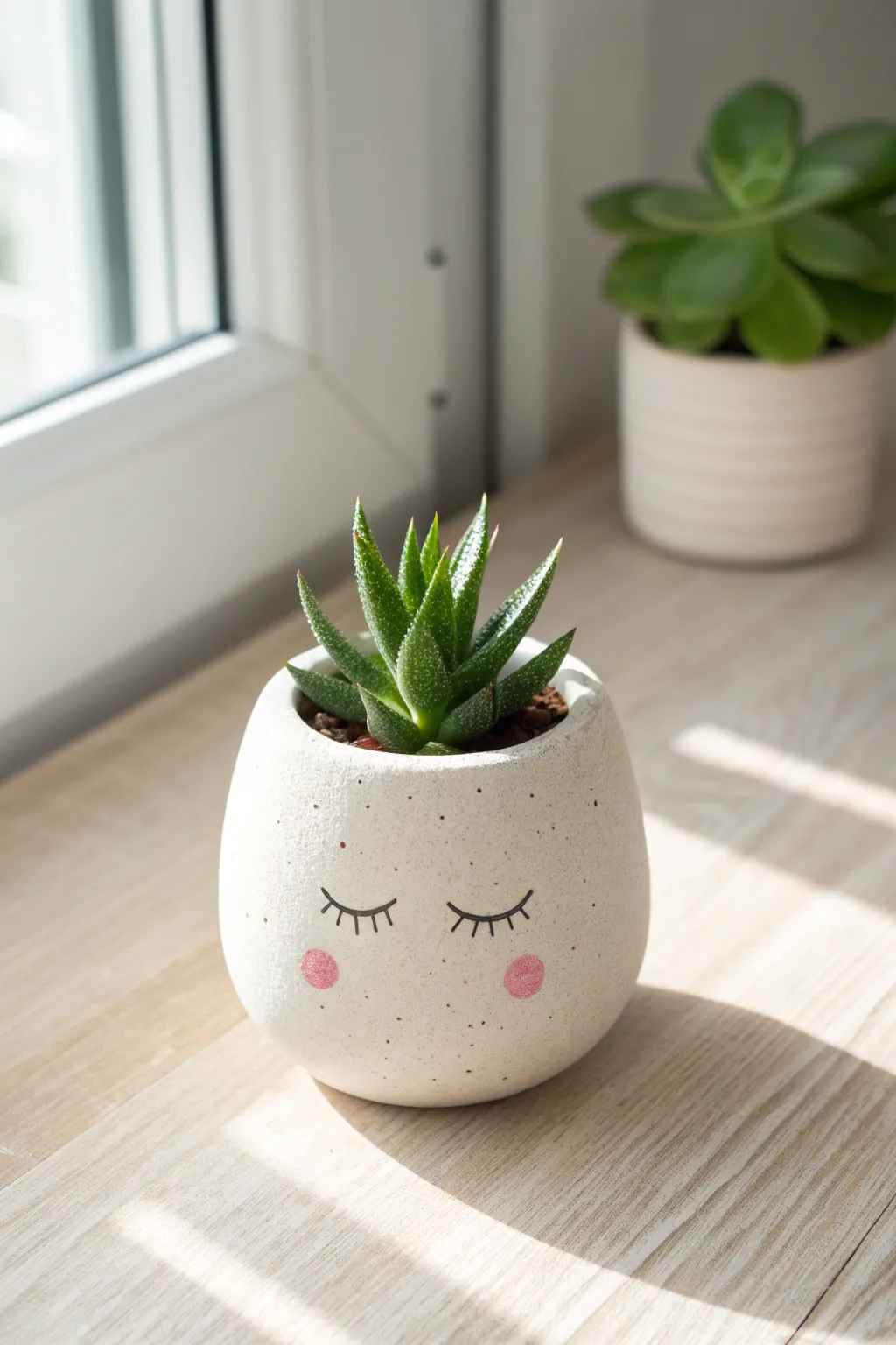 Sleepy-faced mini succulent pot in creamy clay, bright and minimal with a soft boho feel.