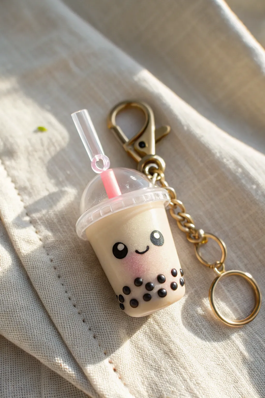 Mini bubble-drink clay charm with a sweet smile, styled as a simple Scandinavian bag accessory