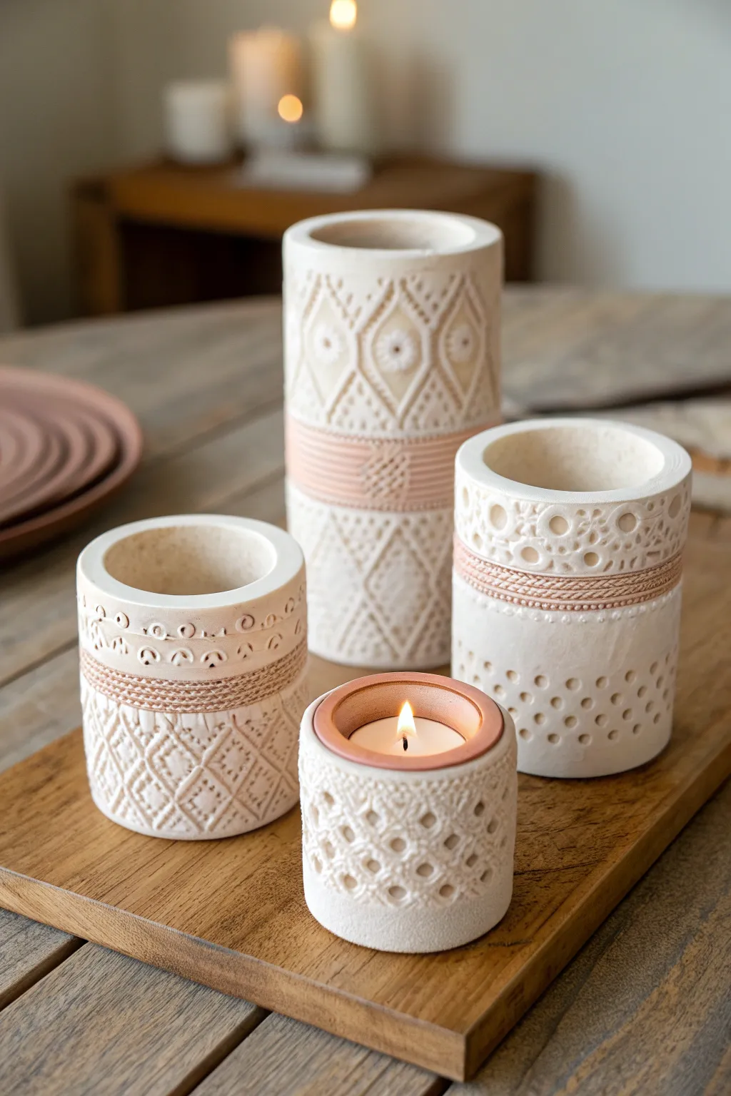 Textured air-dry clay candle holder trio in soft neutrals with a subtle terracotta accent.
