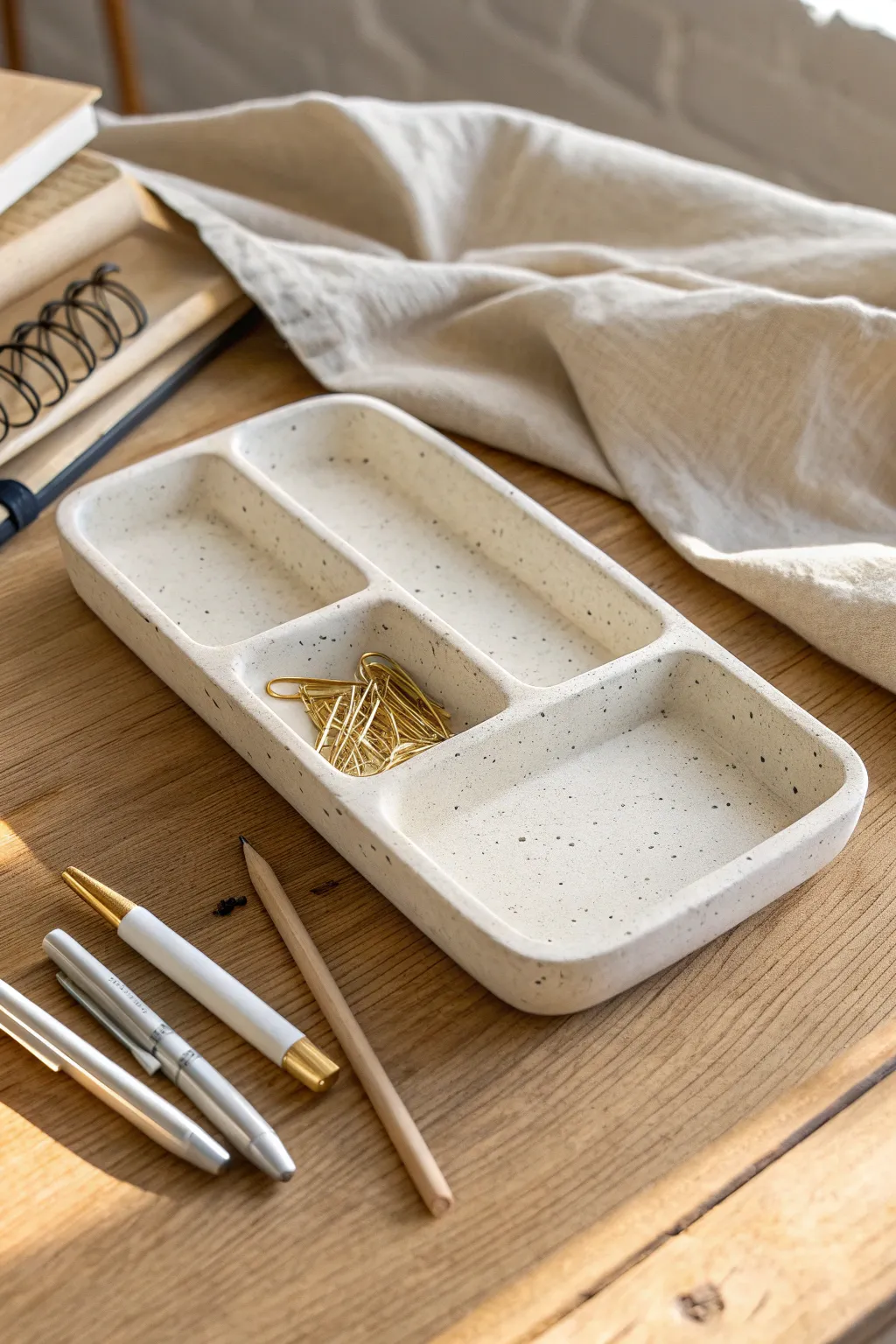 Minimal air dry clay catchall tray with compartments, perfect for a calm and tidy desk