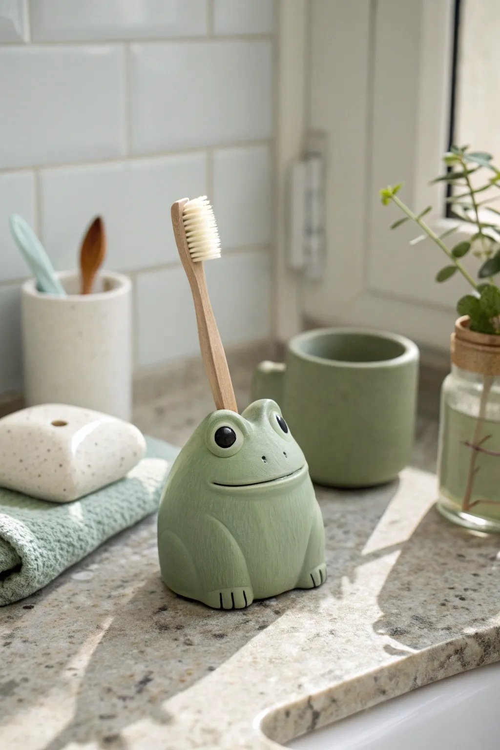 A sweet frog clay toothbrush holder that adds minimalist charm to your bathroom counter