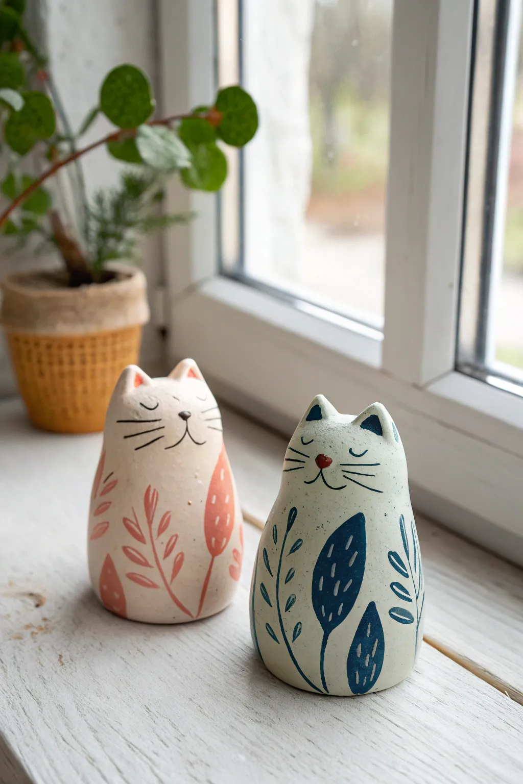 Same mini cat sculpt, two paint vibes: soft pastels vs bold tones for a sweet clay date idea