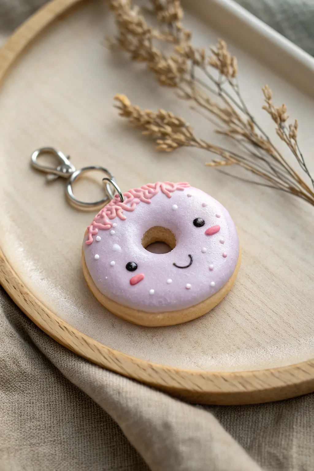 Pastel kawaii donut charm with simple icing and tiny smile, styled on neutral linen for cozy minimal vibes.