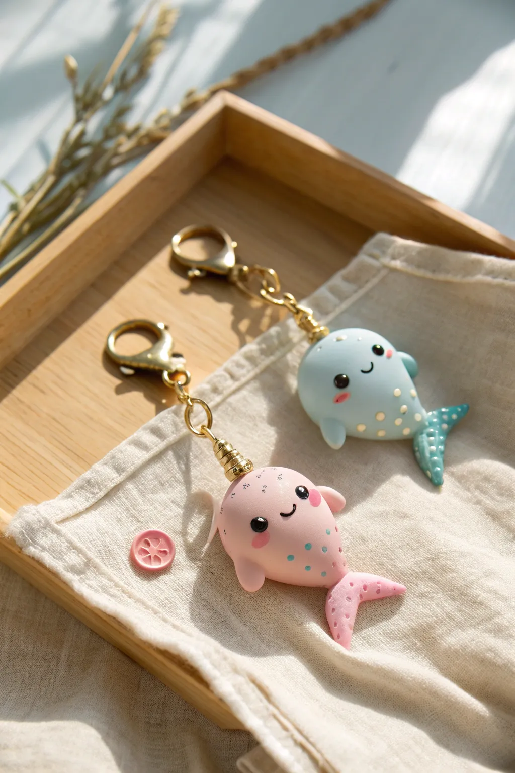 Pastel kawaii narwhal charms with pearly and glitter horns, styled in a soft minimalist way.