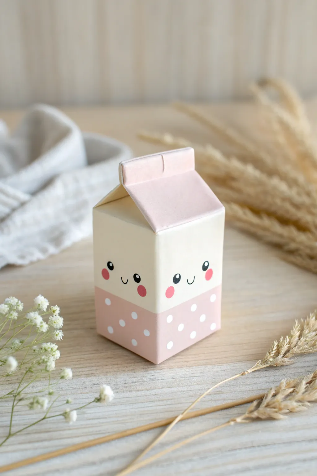 Mini kawaii milk carton charm in pastel clay, sweet little face and straw, perfect desk decor