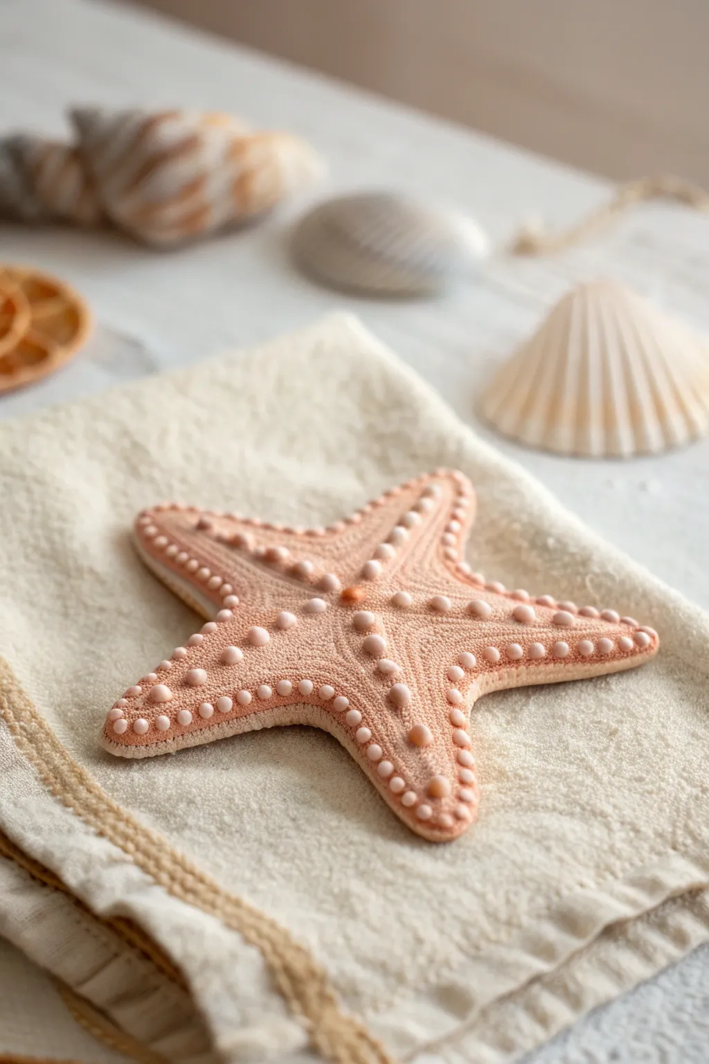 Pastel air dry clay starfish tile with simple textures, styled on sandy linen for a beachy look