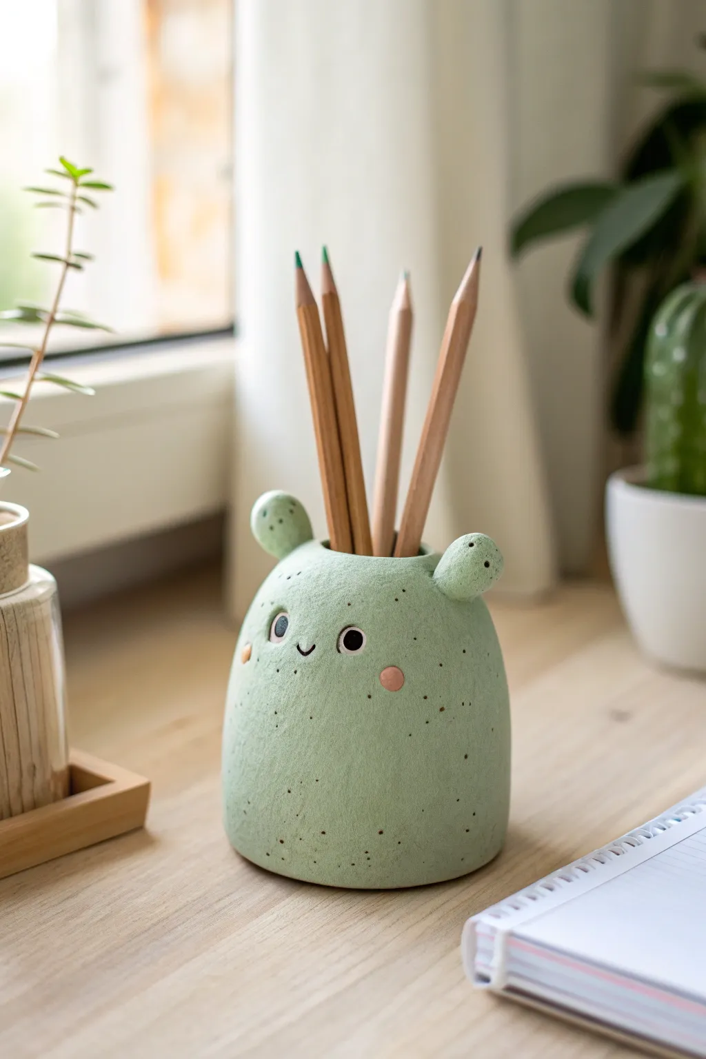 Adorable air-dry clay critter pencil holder that makes any kids desk feel playful and tidy