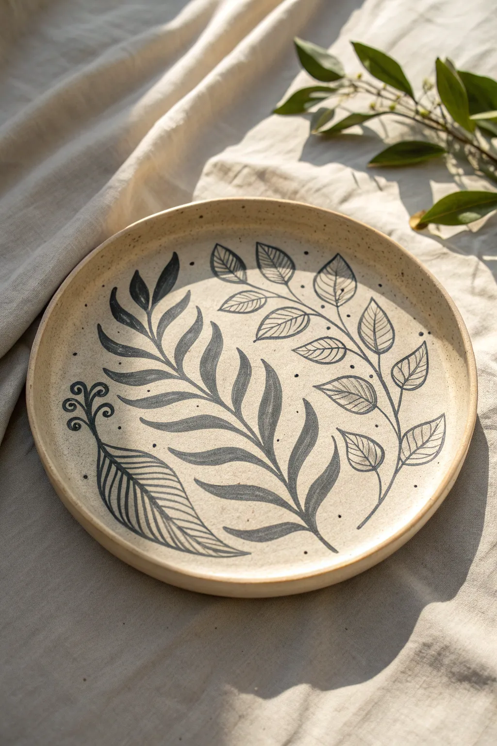 Bold sgraffito plate in soft neutrals, a simple kiln-fired clay idea with striking contrast