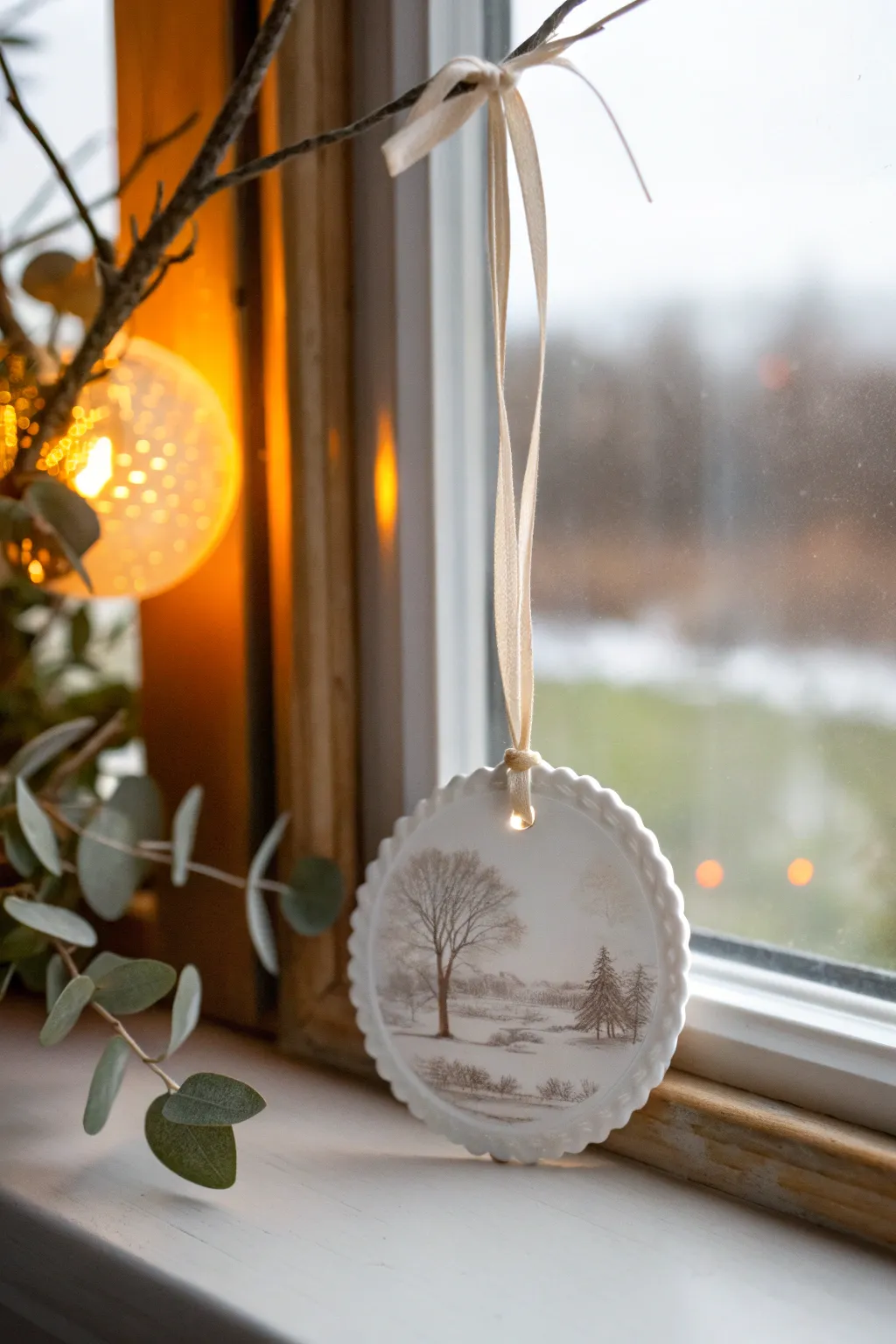 Glowing seasonal lithophane ornament with linen ribbon, minimal styling and warm contrast
