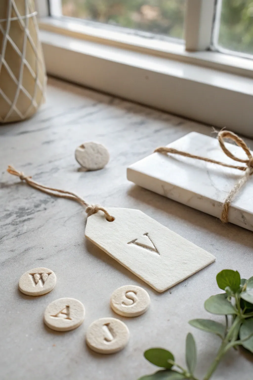 Tiny air dry clay initial tags in a soft Scandinavian flat lay, perfect for gifts and labeling
