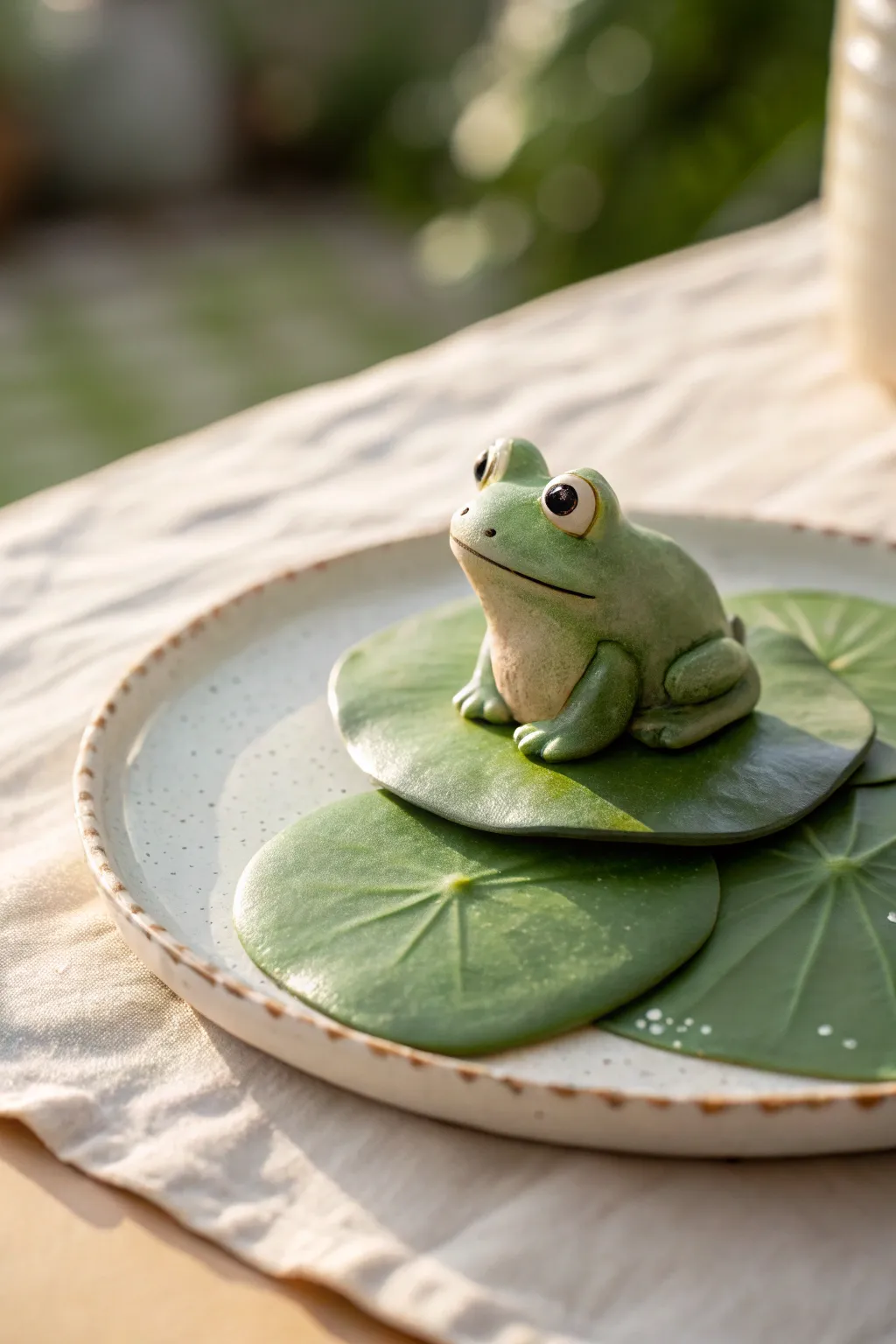 Tiny clay frog resting on a simple lily pad, a sweet minimal project with calm boho charm.