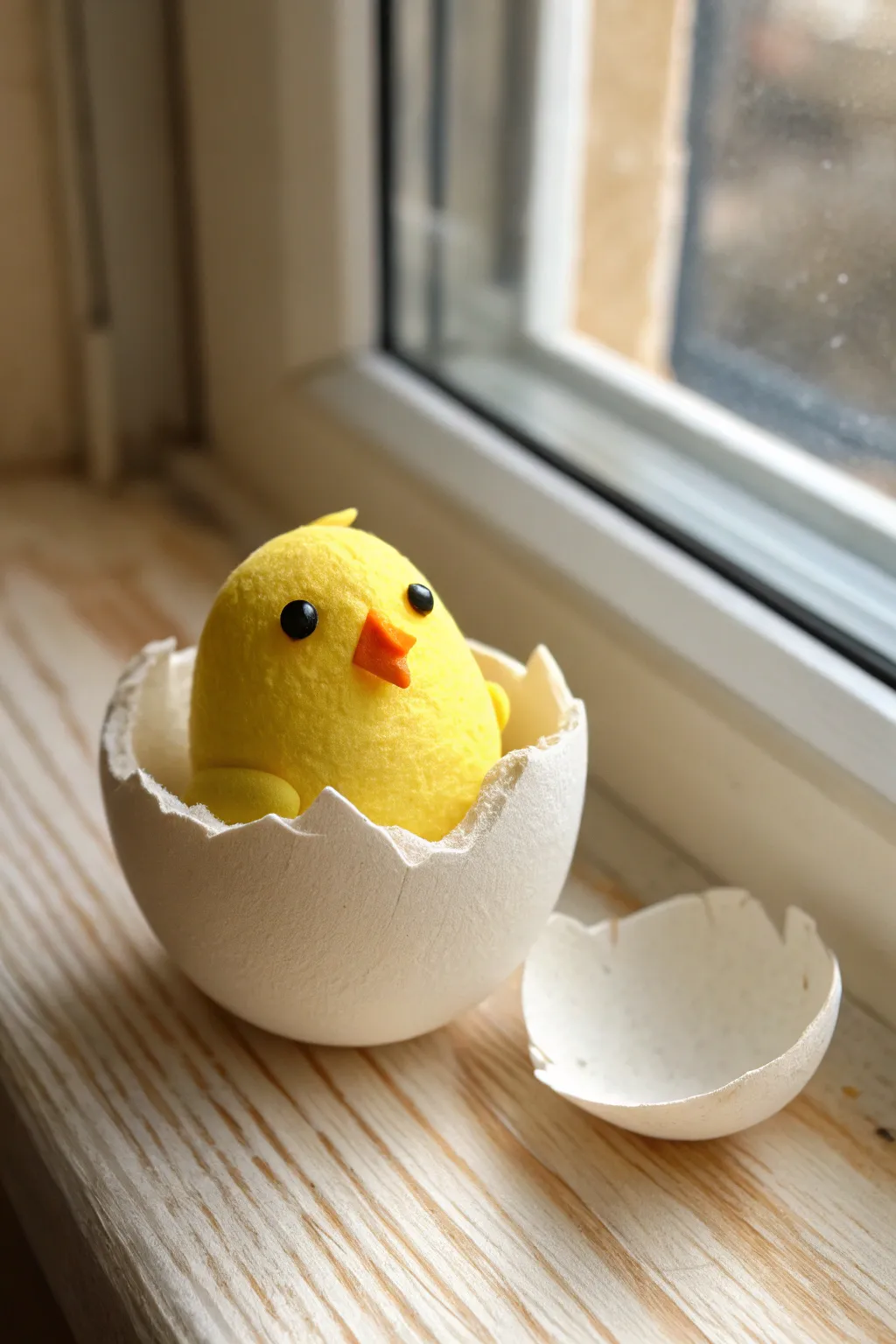 Sweet little clay chick in a cracked eggshell, minimalist and bright with cozy handmade charm.
