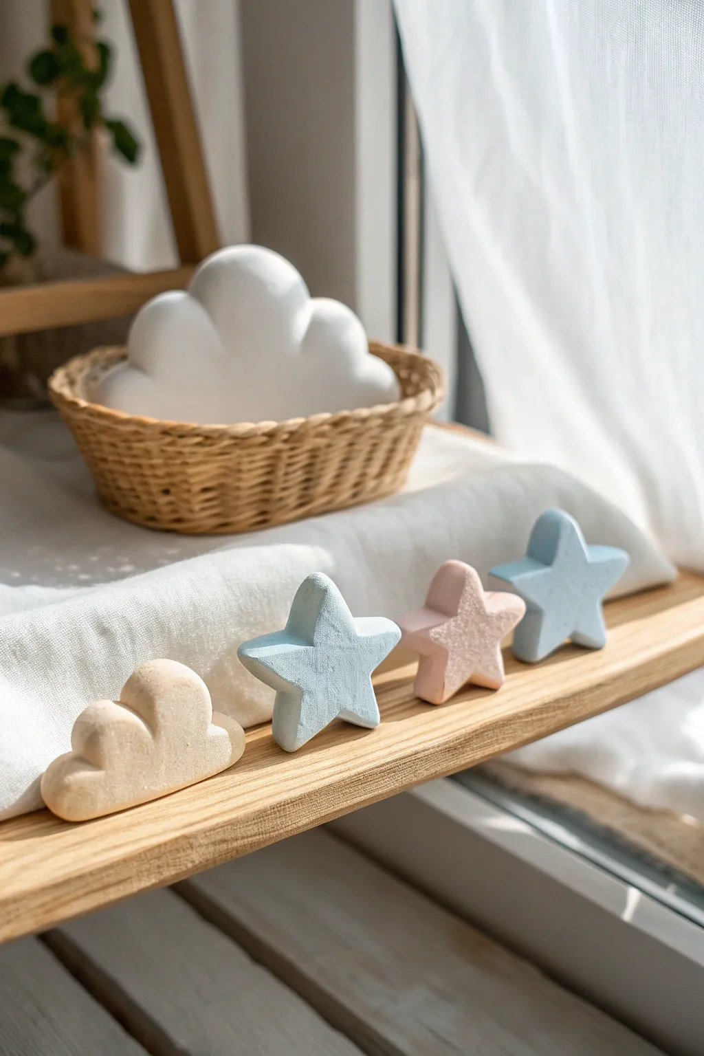 Teeny cloud and star clay shelf set in soft pastels for a dreamy minimalist nook.