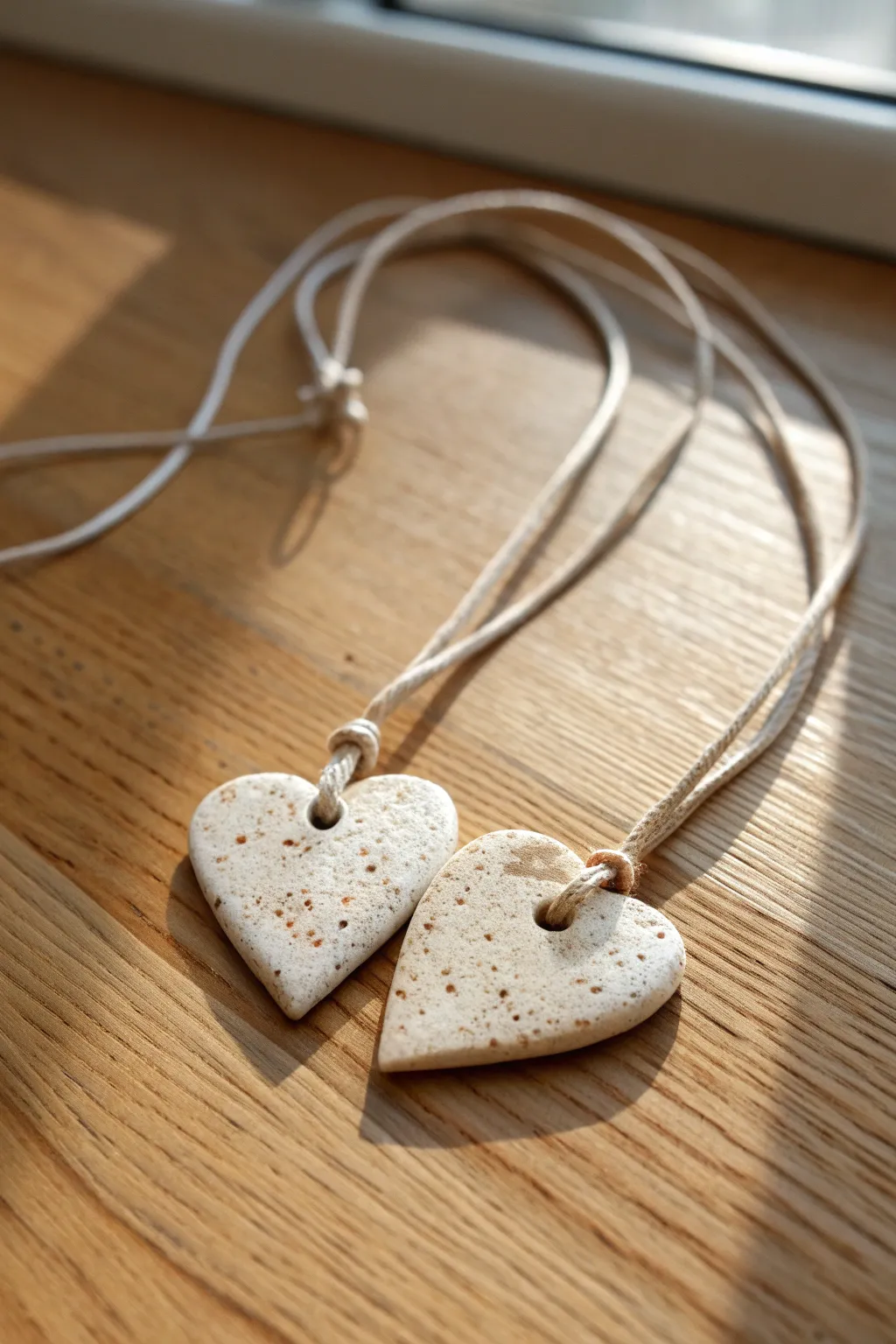 Two matching clay heart charms for best friends, minimal and warm in soft daylight