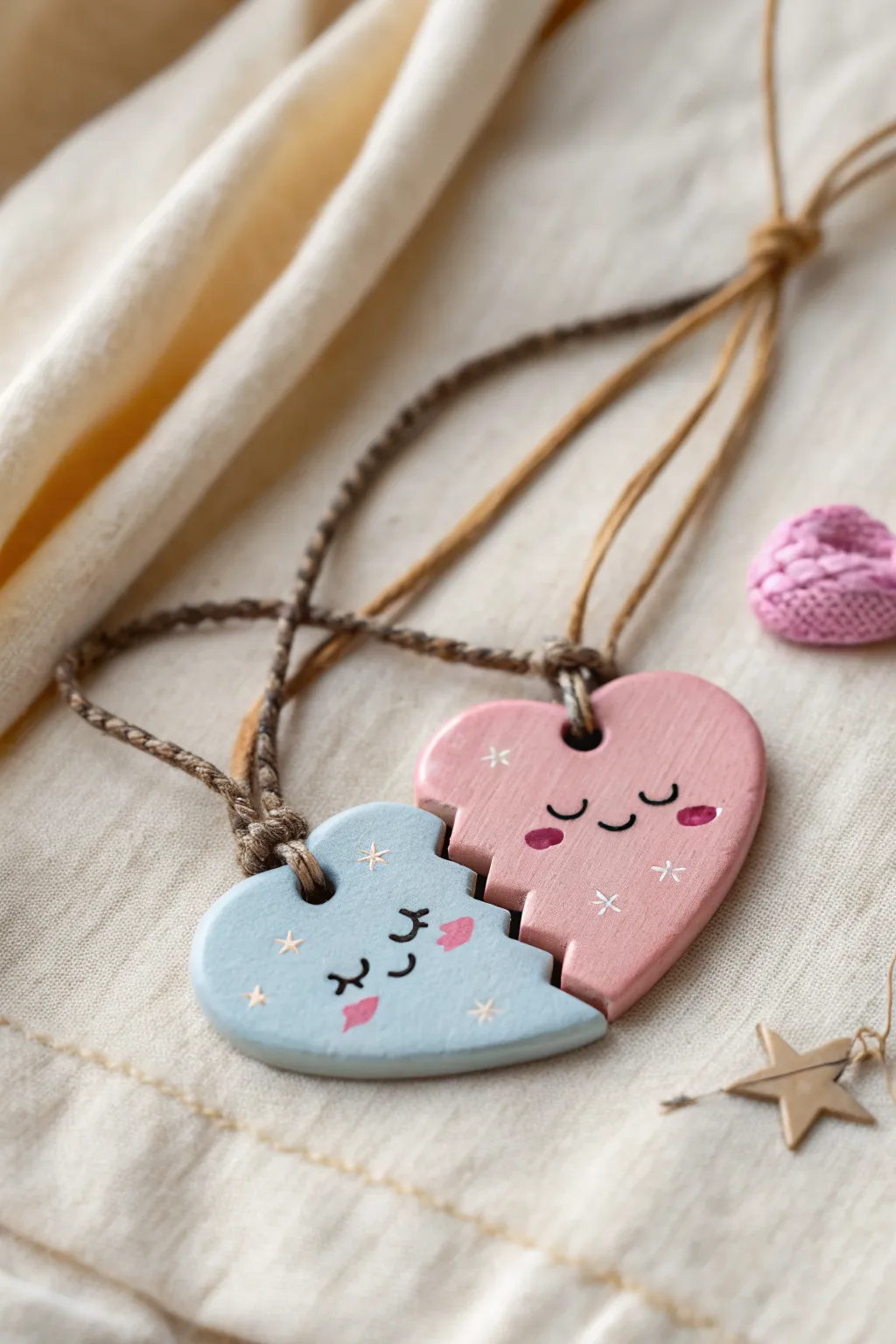 Two magic clay split hearts, matching like best friends, in soft minimalist pastels with boho warmth