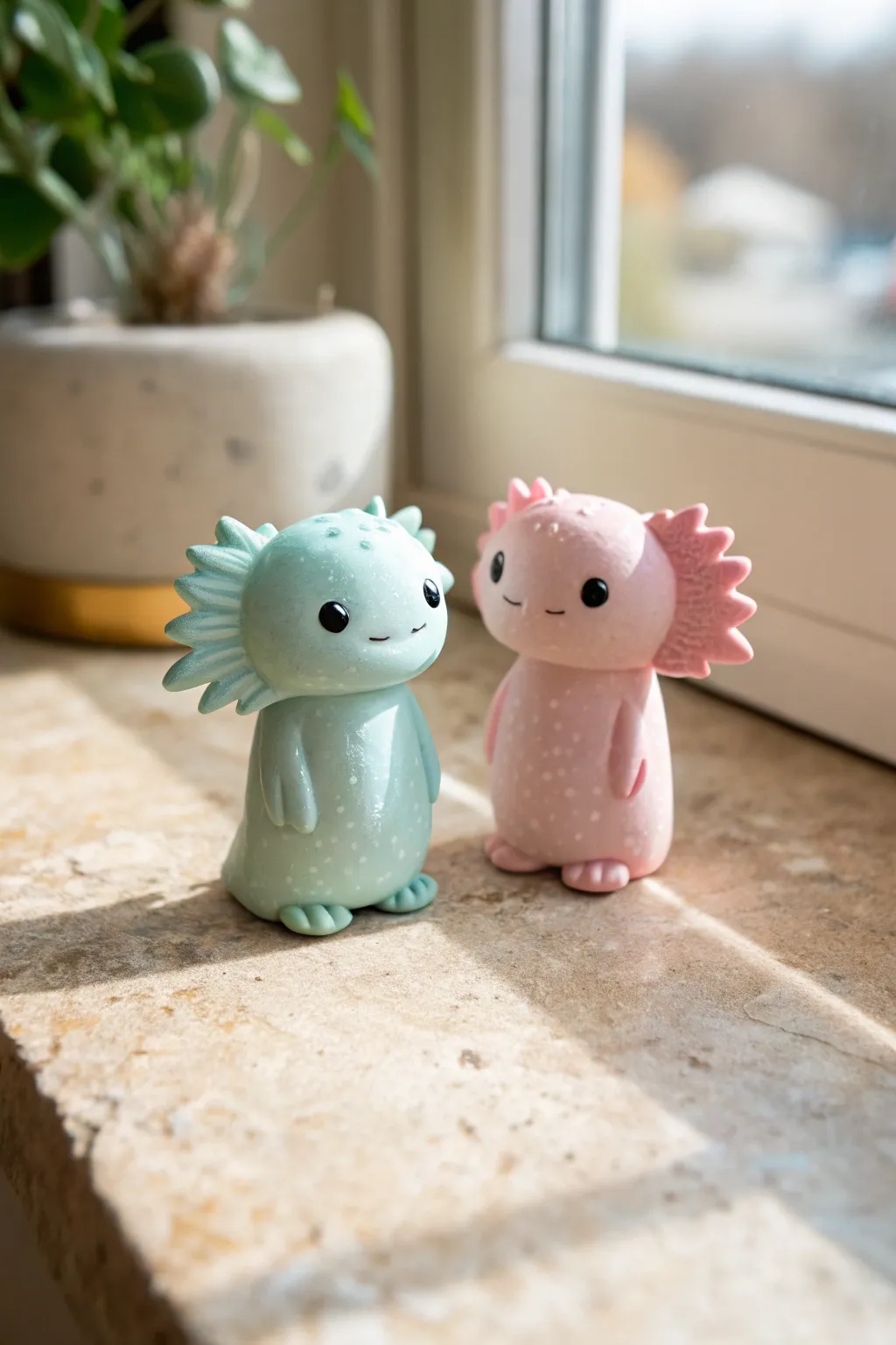 Pastel axolotl twins, same sculpt different hues, a sweet matching clay set for your shelf.