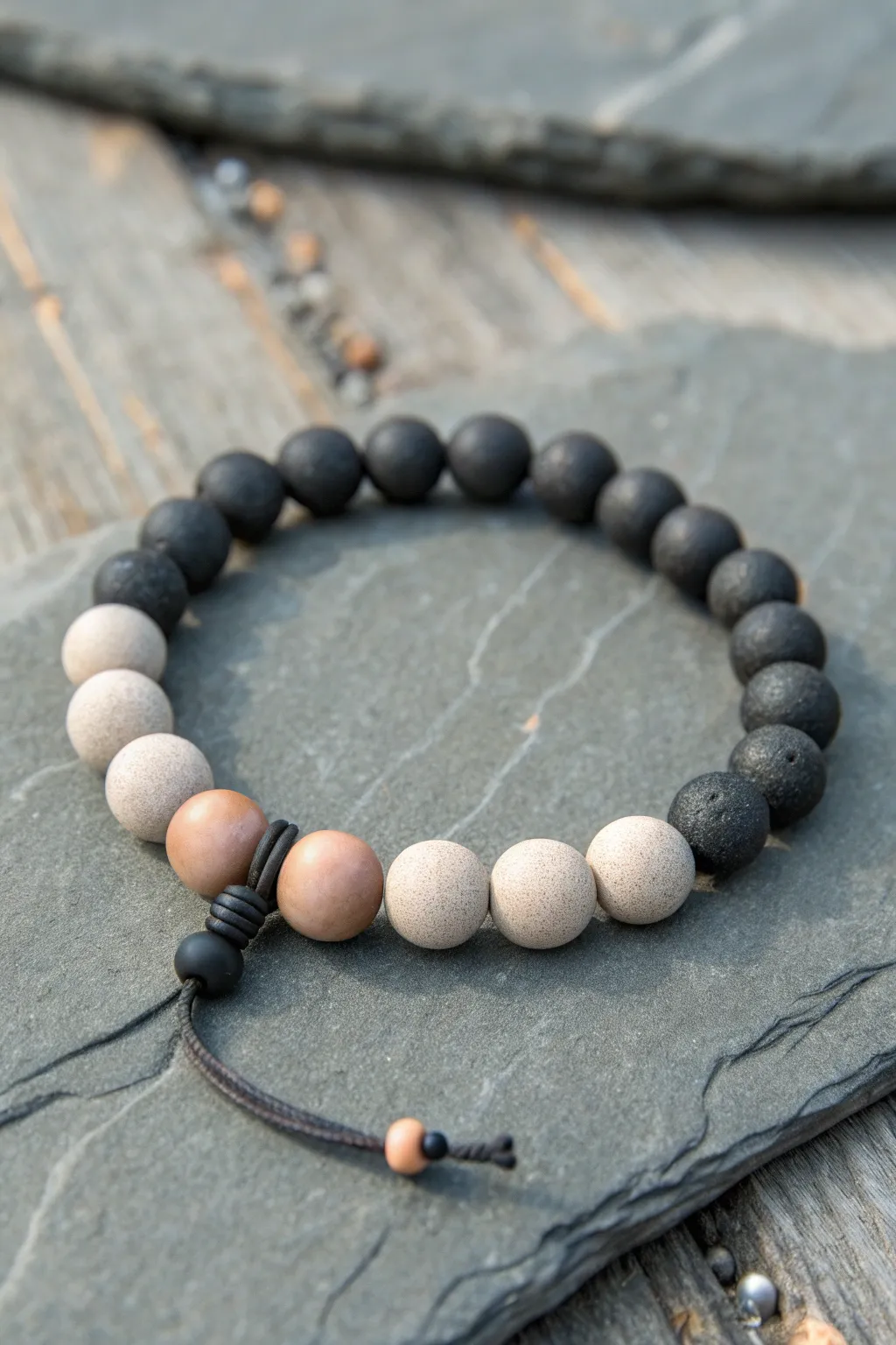 Minimal two-tone mens clay bead bracelet, split black and gray for a sleek modern look