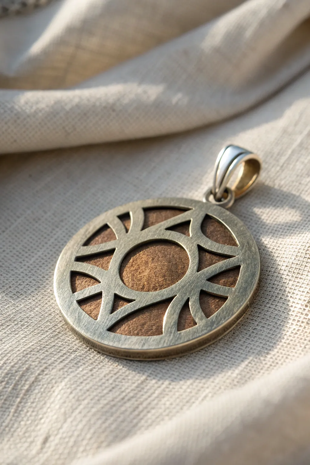 Layered metal clay medallion with simple cutouts and warm underlayer depth, minimalist boho