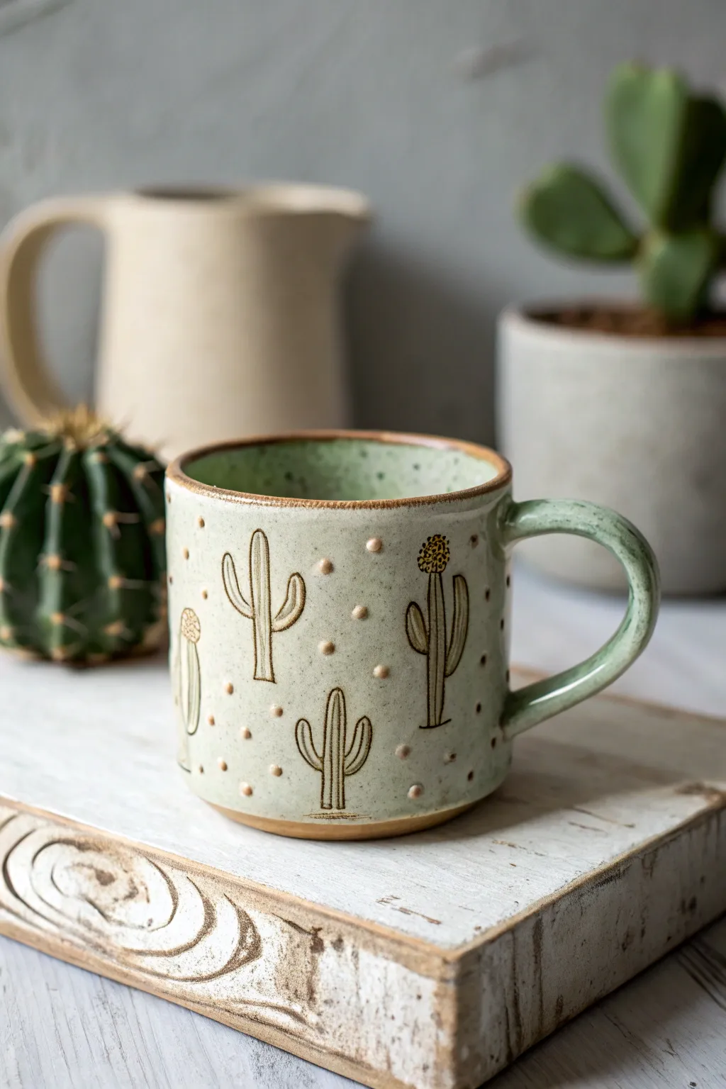 Simple cactus relief mug in desert tones, a fun middle school clay project with boho charm