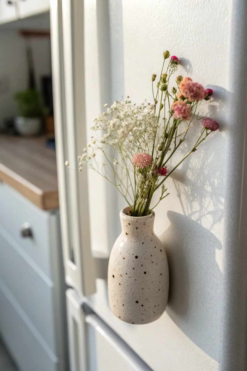 Sweet mini magnet vase with tiny flowers, a simple clay project for a bright, modern kitchen.