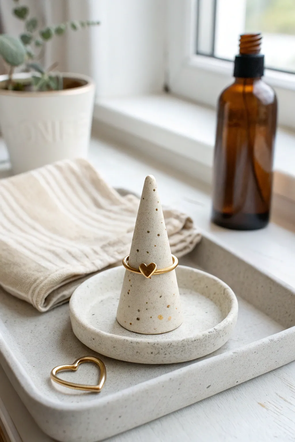 Sweet mini ring cone with a tiny heart topper, perfect for a chic minimalist bathroom tray.