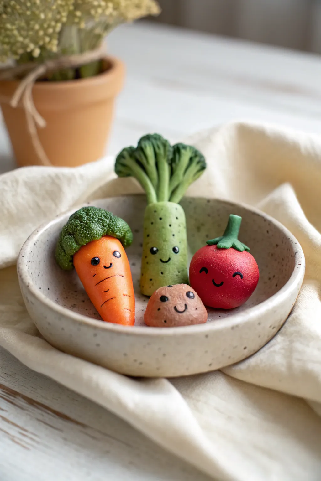 Mini veggie crew: chunky little clay friends with sweet faces, perfect for easy sculpting.