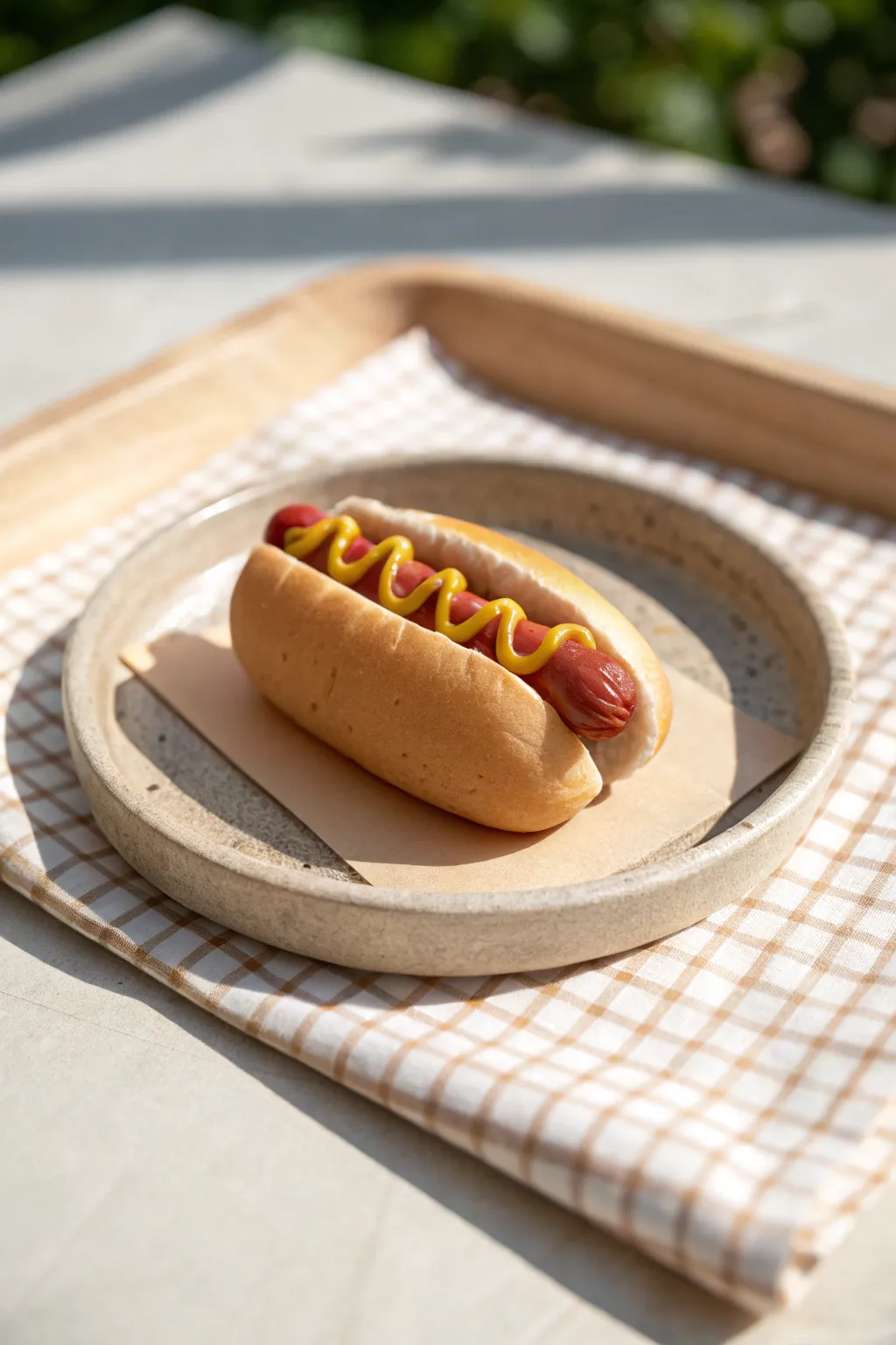 Mini clay hot dog with clean ketchup and mustard stripes, styled on a simple tray for cozy vibes
