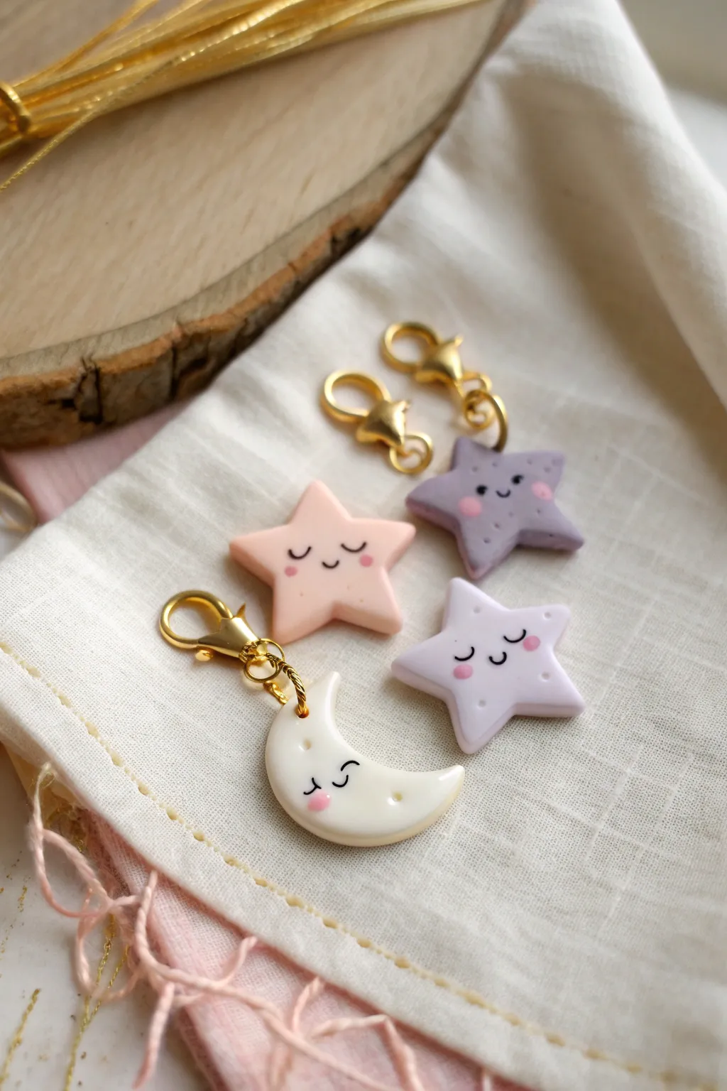 Sweet mini star and moon clay charms in soft pastels, minimal styling, and dreamy boho calm
