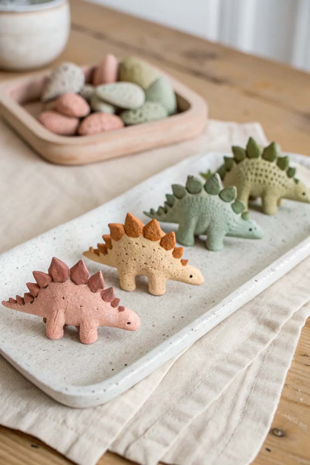 Tiny clay dinosaur nuggets, chunky and cute, lined up like a little collectible squad.